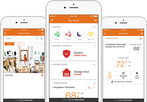 Alarm.com security app shown on several smartphones